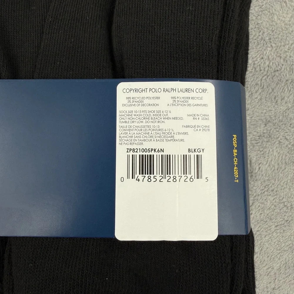 Polo Ralph‎ Lauren Classic Cushioned Crew Socks 6 Pack Mens Size 6-12 Black NEW